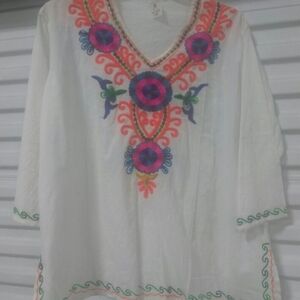 Embroidered White V-Neck Boho Top with Multicolor Accents
